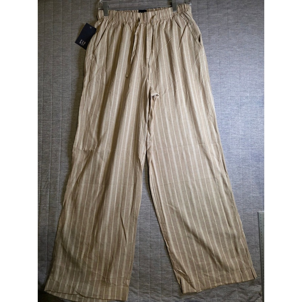 1494 GAP Women XS Tan White Striped Linen Blend Wide Leg Elastic Waist Pants NWT